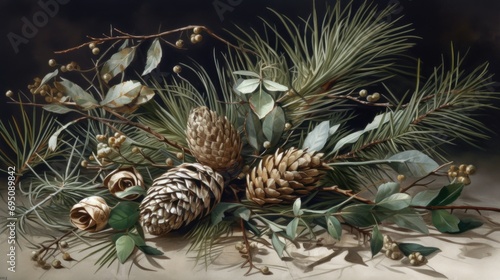  a close up of a pine cone on a branch of a tree with cones and leaves on a white surface.