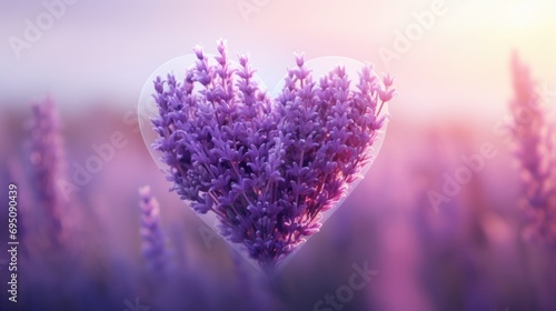 a heart shaped purple flower in the middle of a field of purple flowers with the sun shining in the background.