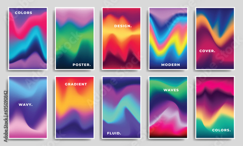 Colorful fluid and liquid gradient mesh background set. Multicolored blurred color gradation backdrop. Wavy and vibrant modern background for poster, banner, catalog, or leaflet.