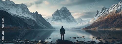 a person standing by a lake with mountains in the background