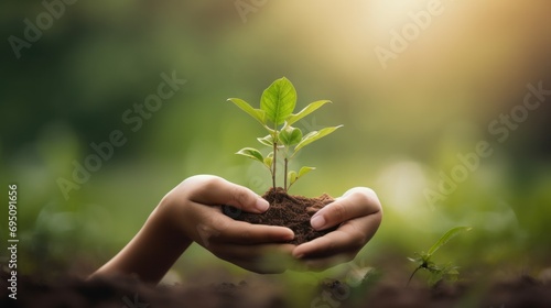Hands holding plant seeds for campaign to save green the earth concept. AI generated image