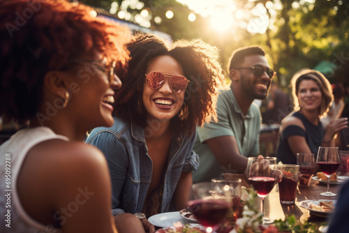 grupa przyjaciół radośnie spędza czas przy lampce wina i smacznym jedzenie na zewnątrz w słoneczny dzień 