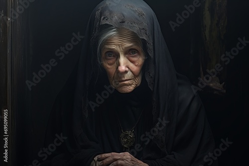 An old elderly widow in mourning attire is mourning, portrait of a grieving widow