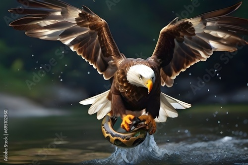 An eagle catches a snake from the surface of the water