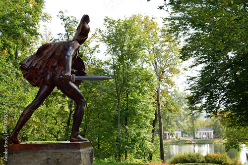 UKRAINE, BELAYA TSERKOV. Sculpture Gladiator in the Park of Alexandria in Belaya Tserkov. walk in autumn park, tourism. 