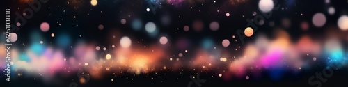 Abstract banner multicolored bokeh spots on dark background, background for design, place to insert text