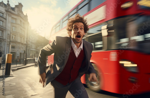 Businessman in suit running to catch a bus. Late for work Concept.