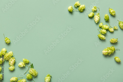 Fresh green hops on color background