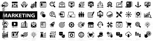 Digital marketing flat icon set. Seo, content, website, social media, sales, e-commerce, internet, analysis, social media, mail, strategy, development and more icon.
