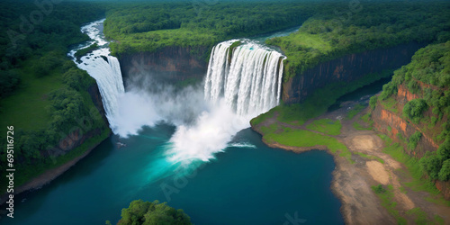 A Mesmerizing Aerial Perspective of a Majestic Waterfall in a Serene River