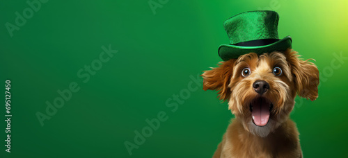Adorable dog celebrating Saint Patricks Day wearing bright green top hat with mouth open on green background. Place for text. Banner