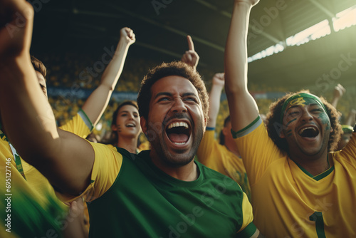 Brazilian fans cheering on their team from the stands 