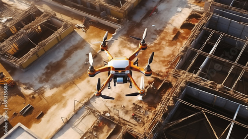 Drone over construction site. video surveillance or industrial inspection.