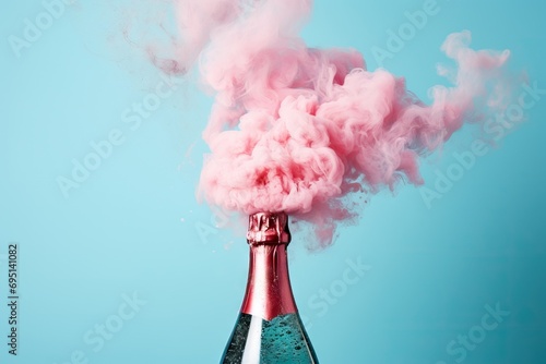 Champagne explosion on blue background. Glass wine bottle with beautiful pink smoke for celebration Christmas or New Year. Minimal party concept. Holiday card, banner, flyer with copy space