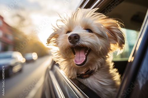 Illustrate the pure euphoria of a car ride with a fluffy dog. Capture the dog's head protruding from the open car window, with the wind playfully tousling its fur.