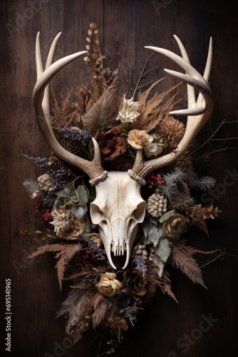 Elk scull with horns and wreat hanging on dark wooden wall. Outdoor decorations. Pagan Christmas, New Year, Yule. Psychedelic ethnic element. Mystical design for Halloween print, card, poster, decor