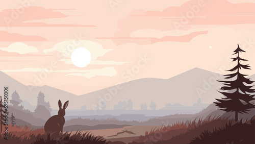 vector scene of a heath at dawn, blanketed in a gentle mist. a solitary rabbit, is featured prominently in the foreground. 