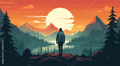 vector poster advocating for outdoor adventure and exploration. simple depiction of a camper or hiker in nature, stands against a backdrop of outdoor elements.
