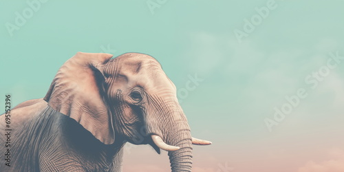 Vintage retro photo of an Elephant. Postcard with Elephant against blue sky in Vintage Style. Wild Animal Concept