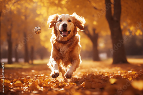 Playful Golden retriever dog jumping and enjoying happily with catching a ball with its paws