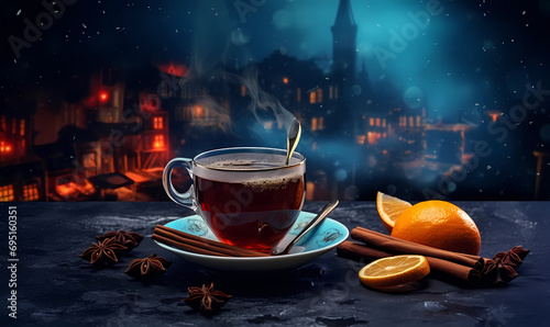 A cup of tea with spices, cinnamon, oranges