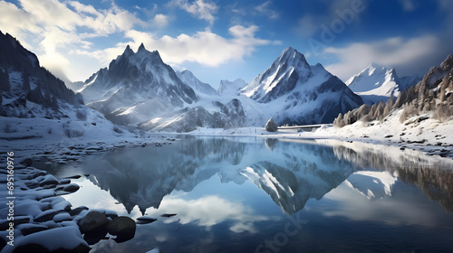 Frozen lakes with reflections of snowy peaks