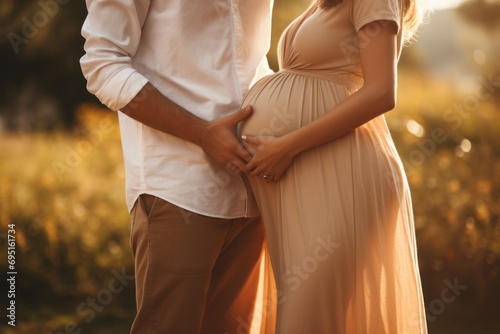 man and woman holding pregnant bump expecting baby. Happy family hands on stomach closeup. Couple in love.