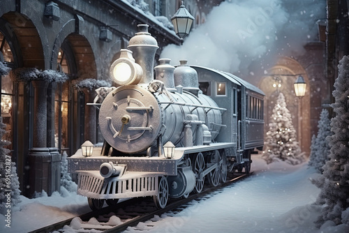 Enchanted Christmas train in winter town with Christmas tree, white tones