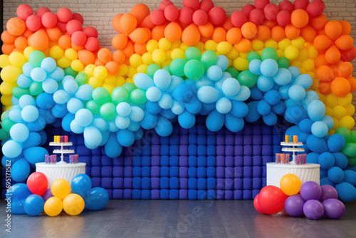 Celebration backdrop with rainbow arche from colorfull balloons
