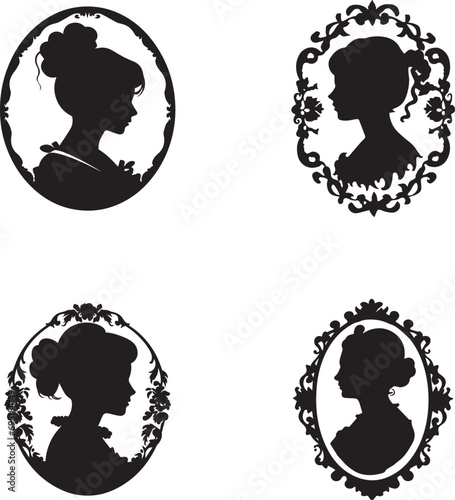 Vector silhouette set of cameo man and woman on white background