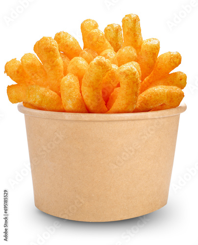 Puffed corn snacks in paper bucket isolated on white background, Puff corn or Corn puffs cheese flavor isolate on white With clipping path.