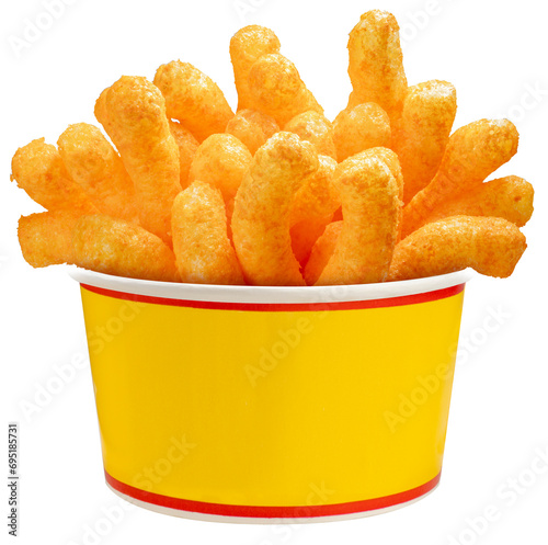 Puffed corn snacks in paper bucket isolated on white background, Puff corn or Corn puffs cheese flavor isolate on white PNG File.
