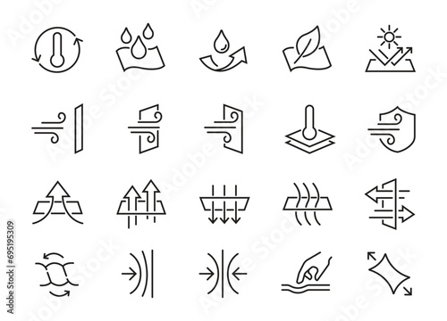Set of Fabric Properties Related Vector Line Icons. Contains such Icons as Stretching, Windproof, Breathable and more. Editable Stroke.