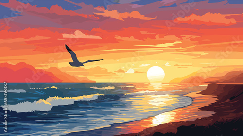vector scene portraying a heath by the sea on a clear summer day. seagull in mid-flight, is the focal point, its wings spread wide against the backdrop of a striking sunset sky. 