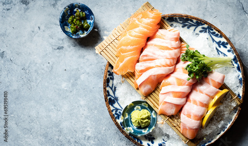 Raw salmon sashimi on a plate