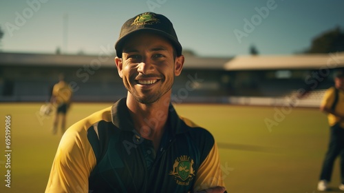 Cricketer stands smiling happily looking at the camera after practicing on the field.