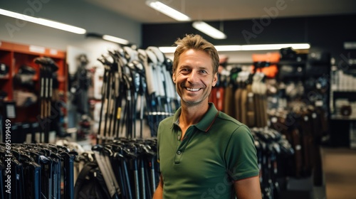 Smiling handsome man choosing golf clubs in golf shop