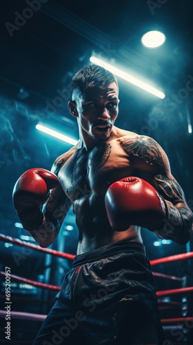 Sportsman muay thai boxer fighting in gloves in boxing cage. Isolated on black background with smoke.