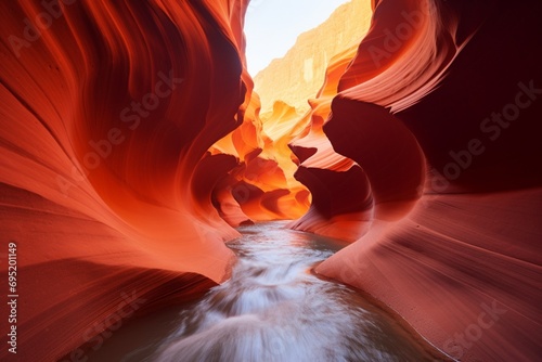 A series of terracotta-hued slot canyons, with intricate patterns carved by wind and water, illuminated by the soft light of dawn