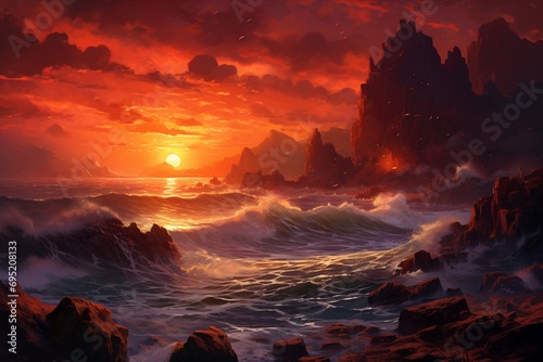 A sweeping view of a coastal bluff, with waves crashing against rugged cliffs beneath a fiery sky