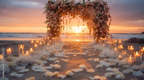 Decorative wedding ceremony at the beach with beautiful sunset view.