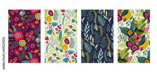 Set of three vector seamless pattern with bright flowers and leaves. Endless floral background.