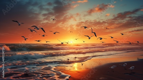 Beautiful group of birds at beach with sea wave and sunset view. Animals concept background. Generative AI
