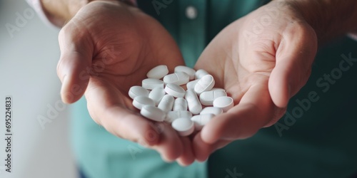 A person holding a handful of pills. This image can be used to illustrate medication, healthcare, or addiction topics