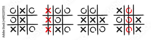 Tic tac toe xo game hand drawn grid doodle template vector illustration set isolated on white background