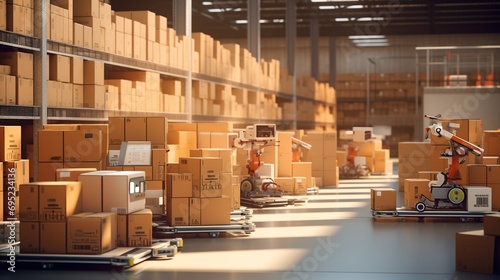 Distribution warehouse with cardboard boxes with high racks and pallets. Legal industrial warehouse concept.
