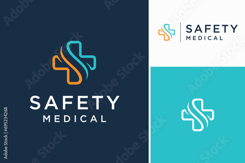 Initial Letter S with Cross Plus Sign for Emergency Aid Hospital Pharmacy or Health Care Clinic logo design