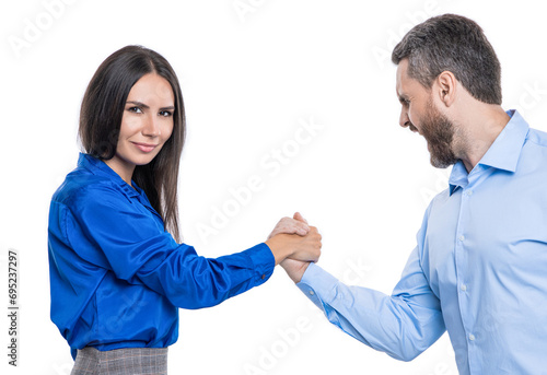 business competitors doing arm wrestling. competition for leadership. business competition. businesspeople competing in arm wrestling isolated on white. confrontation in office. Competitive business