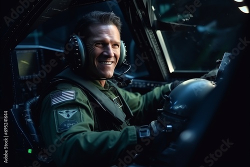 Portrait of happy pilot sitting in cockpit of aircraft and looking at camera