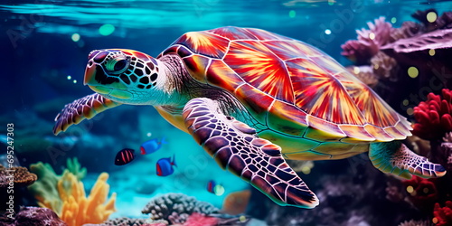 Beautiful sea turtles in the sea, ornate patterns and intricate designs on their shells.